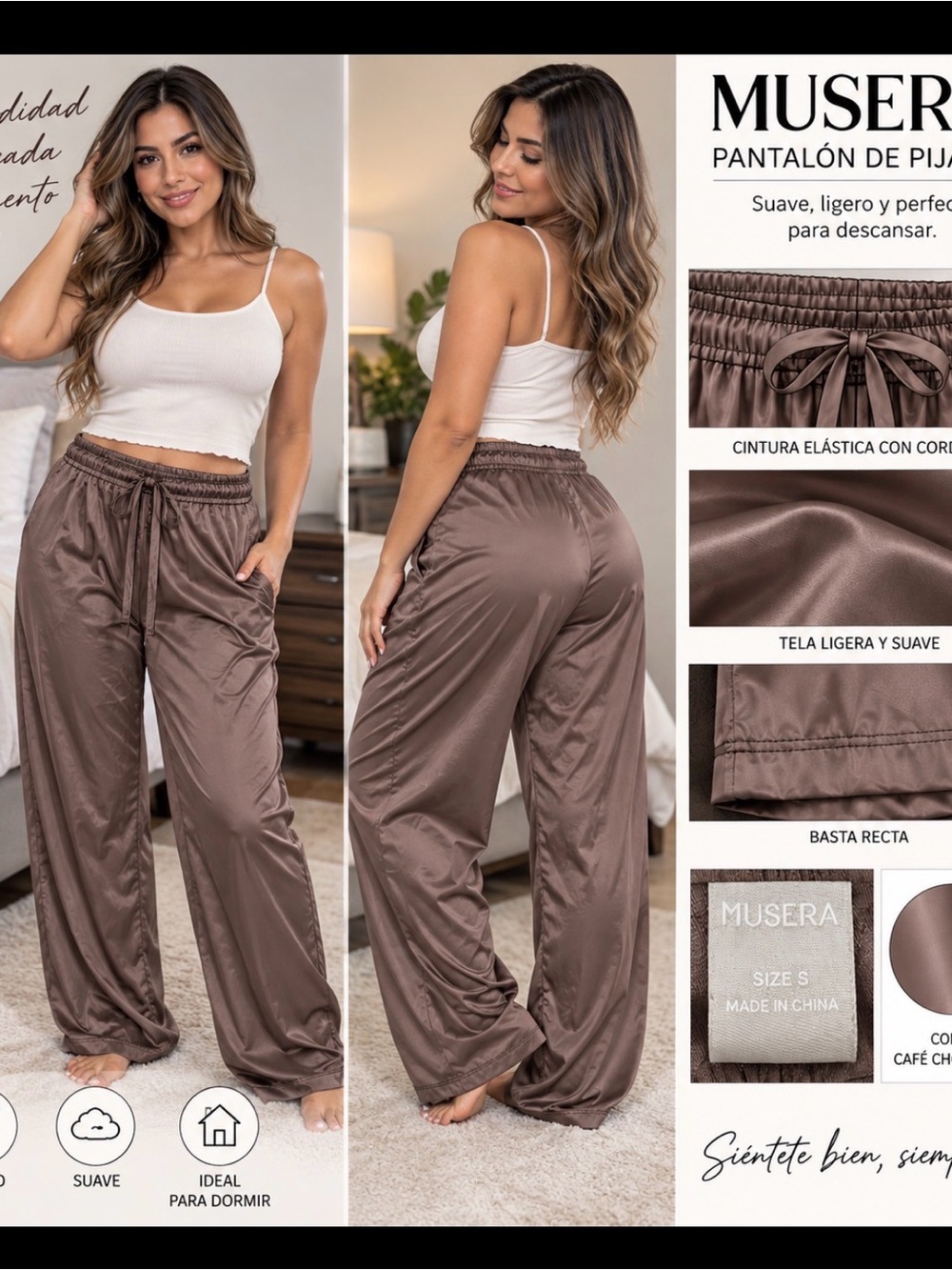 Muse Satin Pajama Pants in Café Brown